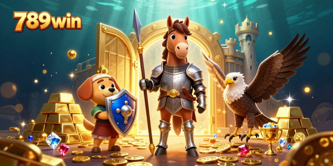 Engage in thrilling games at 789win with a vibrant 3D illustration showcasing knights and treasure.