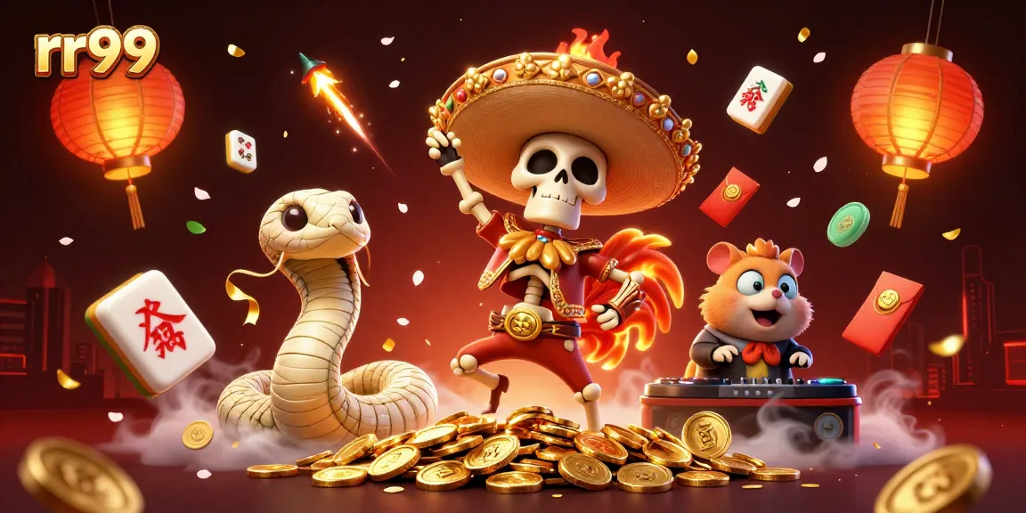 Experience exciting thrills with rr99 as the lively mariachi rooster celebrates among gold coins and festive symbols.