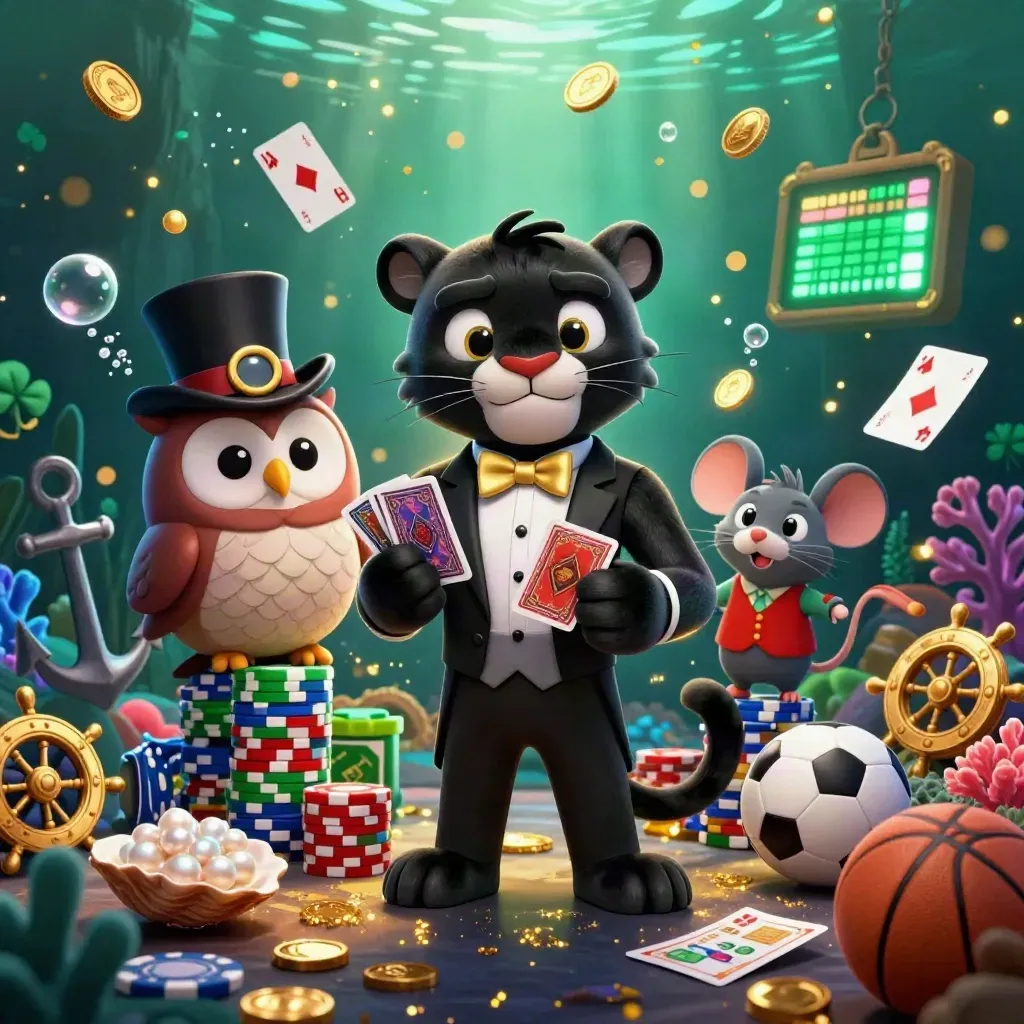 Black panther, owl, and mouse amid treasure cove loot, cards, chips, and neon casino effects.