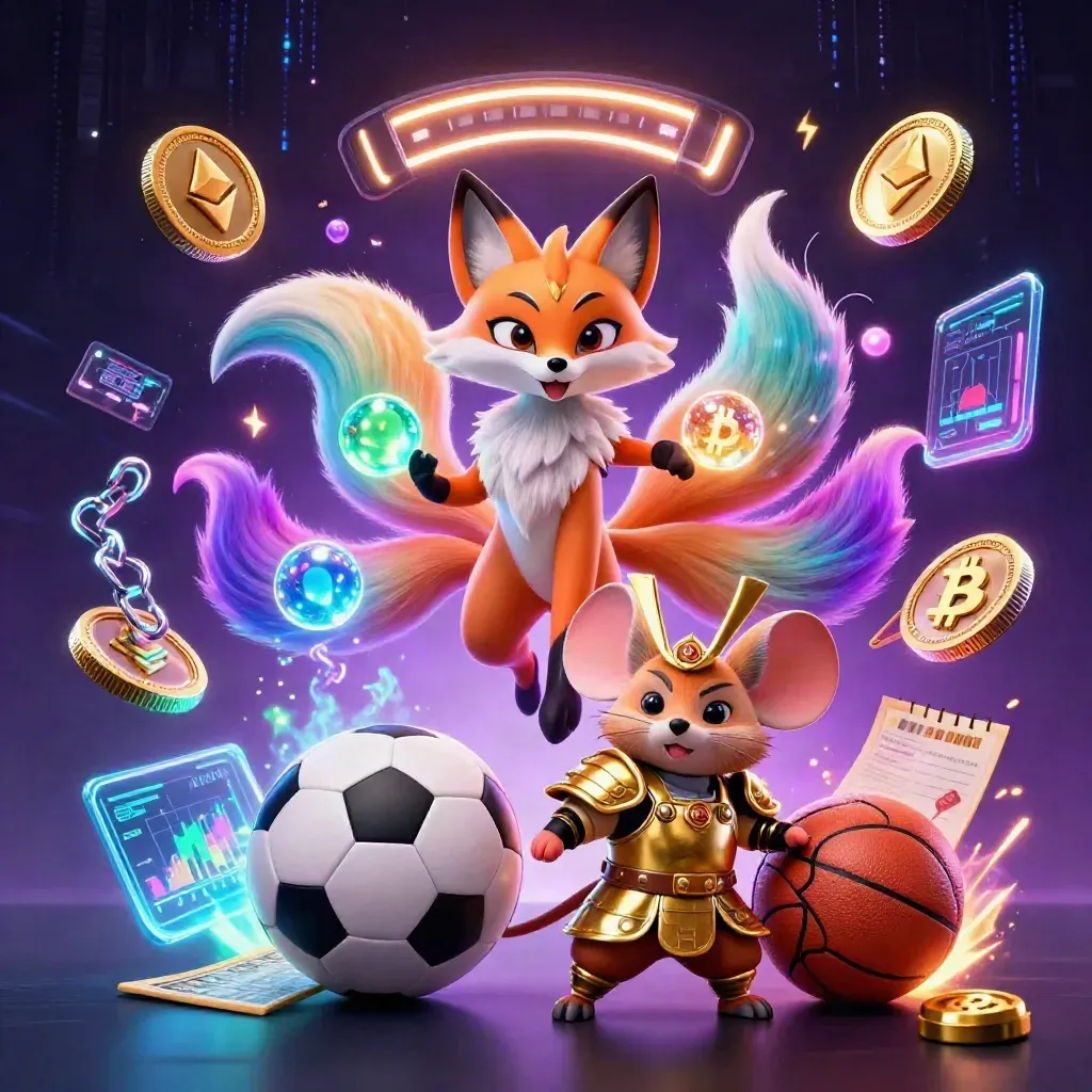 Neon fox spirit and samurai mouse amid sports balls, crypto coins, and electric casino effects.