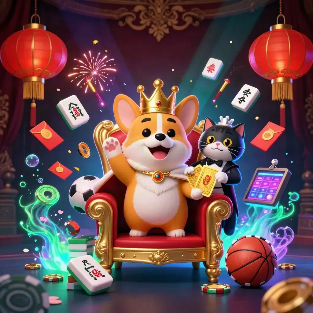Royal corgi and cat butler amid casino treasures, glowing lights, and floating game elements.