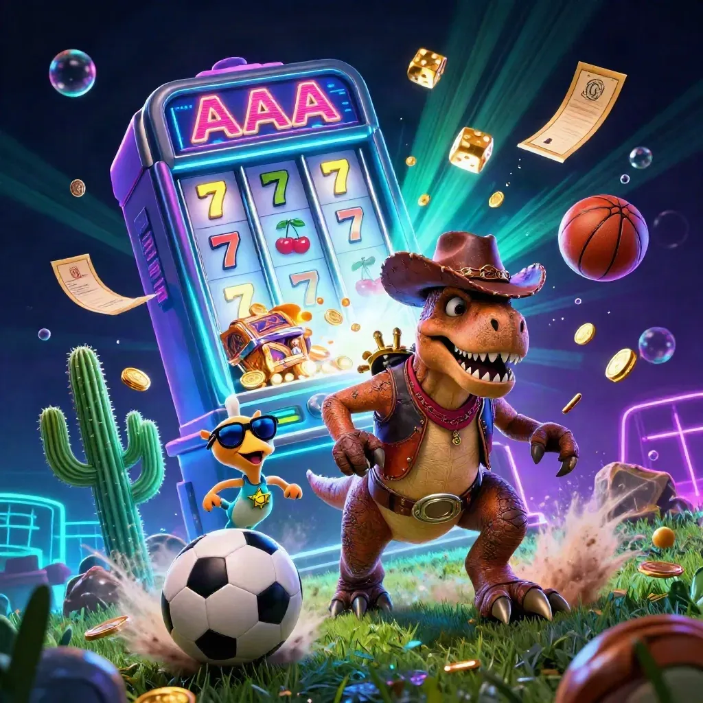 Cowboy T-Rex, cactus, and roadrunner amid casino bursts, balls, and neon glow