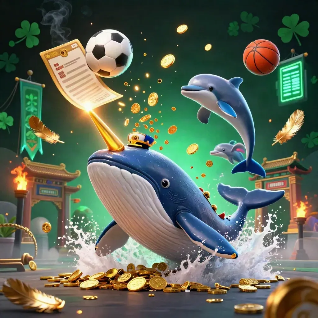 Captain whale, narwhal, and dolphins burst through coins with balls, ring, temple gate, and casino glow.