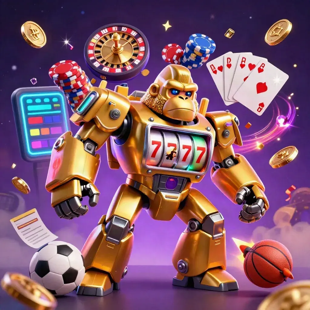 Golden gorilla mech, monkey pilot, casino chips and sports balls exploding in neon light.