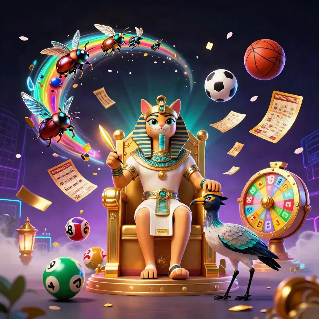 Pharaoh cat, ibis scribe and scarabs amid casino symbols, neon balls and gold light.