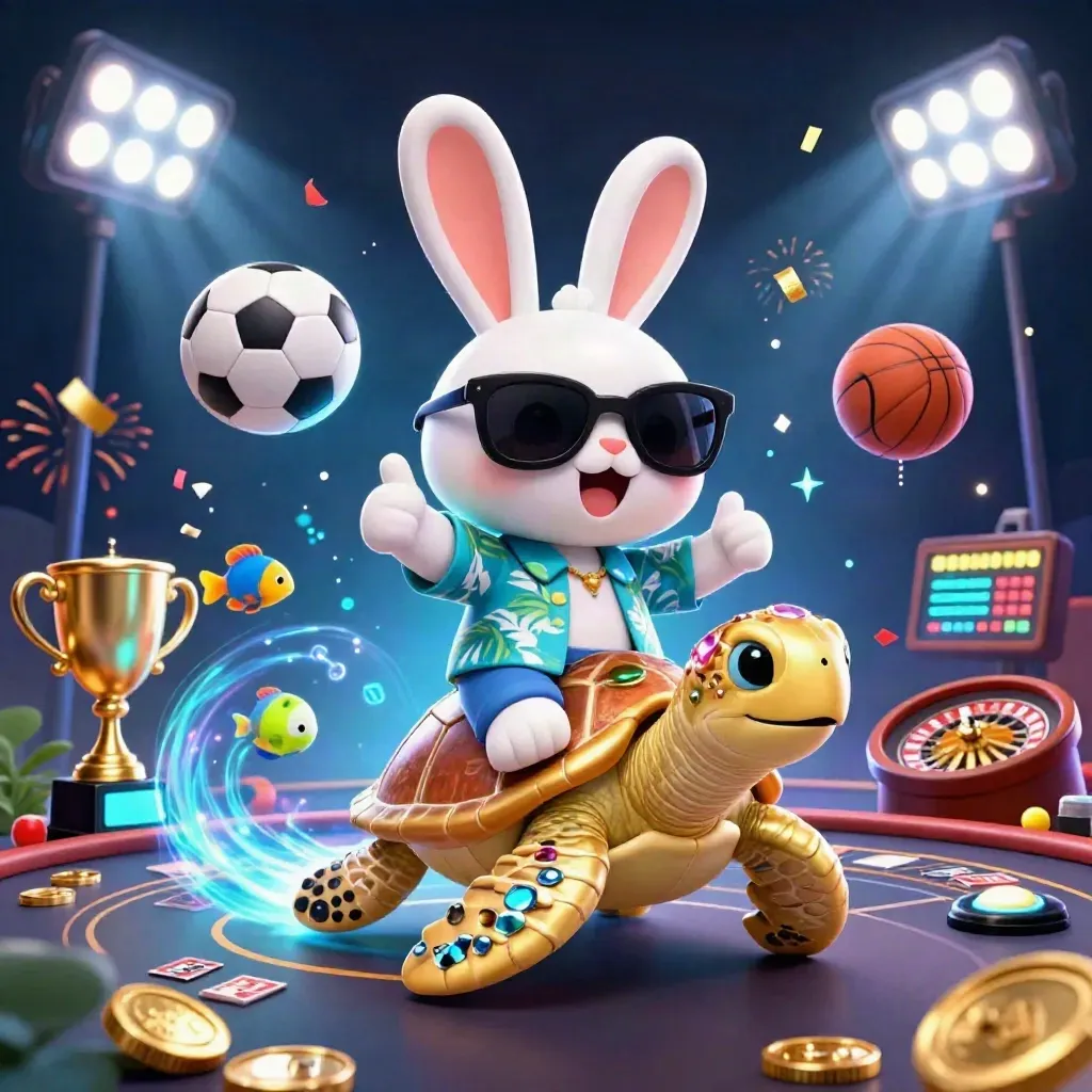 Lucky rabbit rides a golden sea turtle amid casino sports chaos and neon magic.
