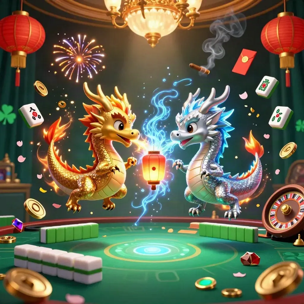 Twin gold and silver dragons in a luxe casino room with lanterns, mahjong tiles, and glowing coins.