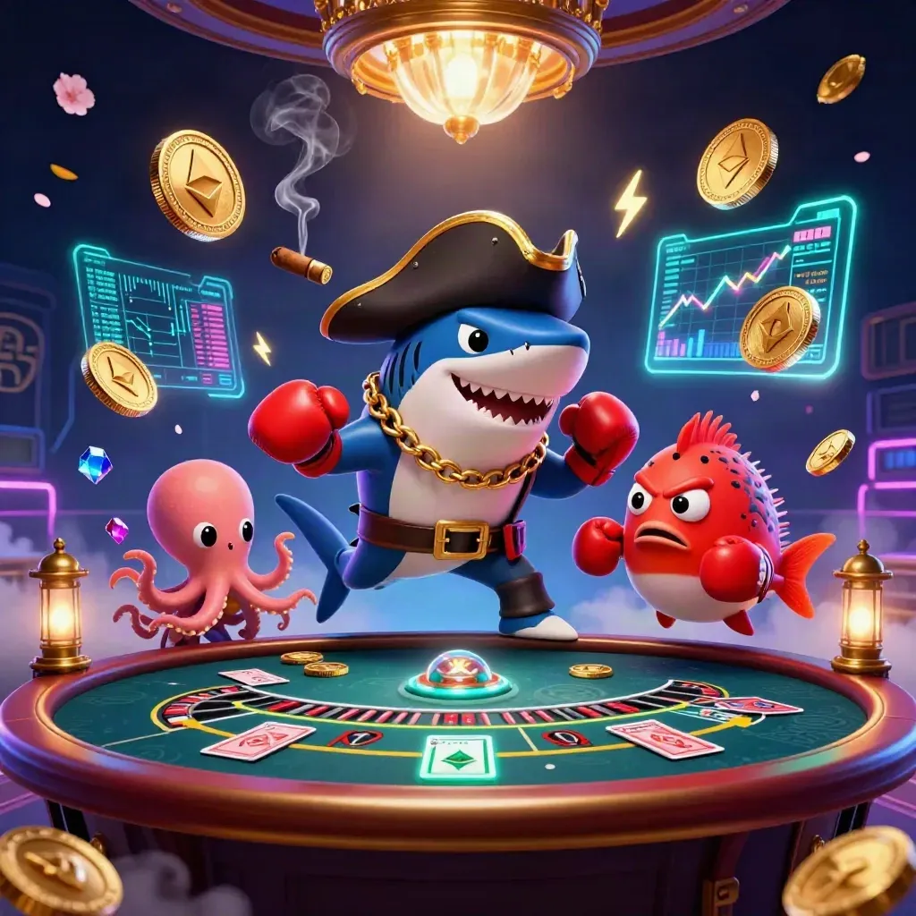 Pirate shark, pufferfish boxer, and octopus juggle coins in a neon casino with roulette and holograms.
