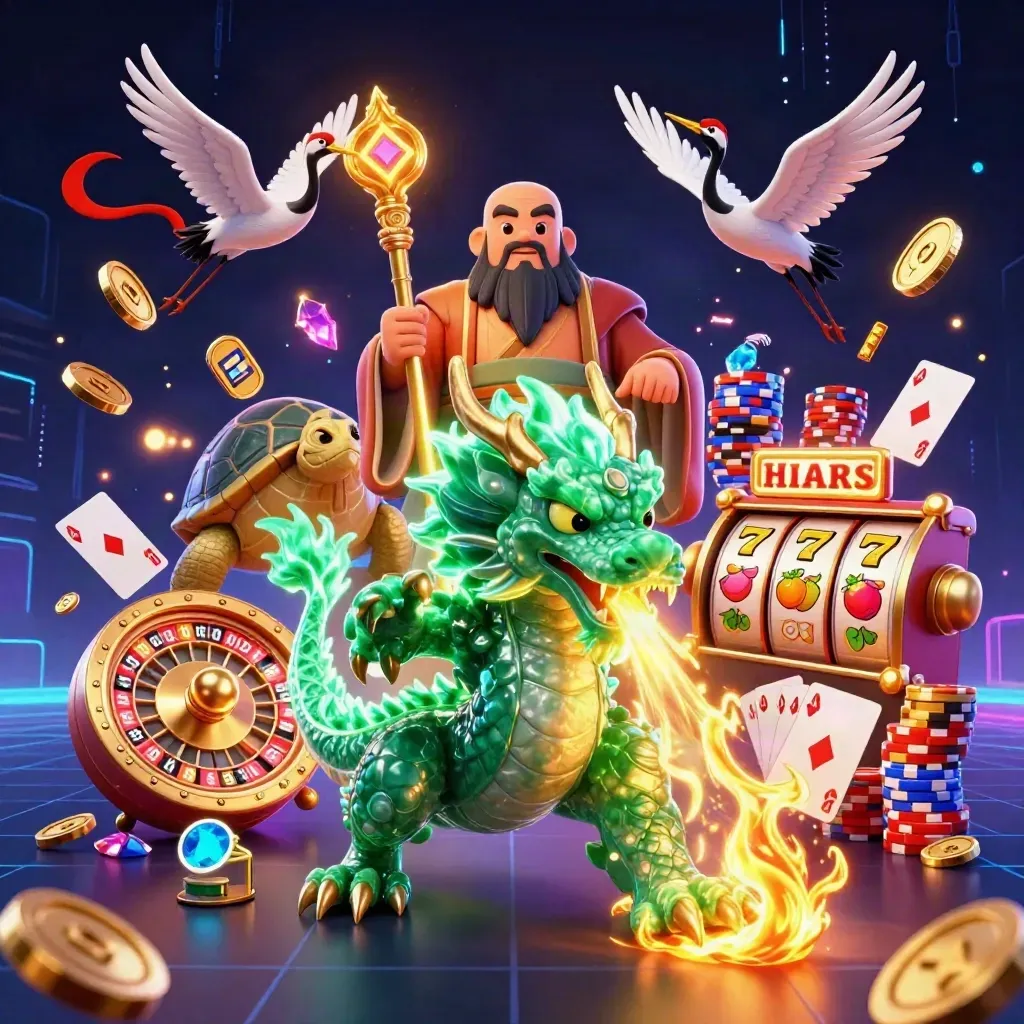 Jade dragon, turtle sage, and cranes amid casino loot and neon energy