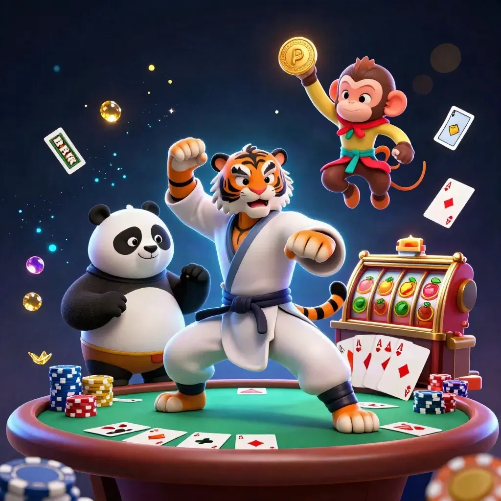 Kung-fu tiger, panda, and monkey burst amid poker chips, reels, and blue magic.