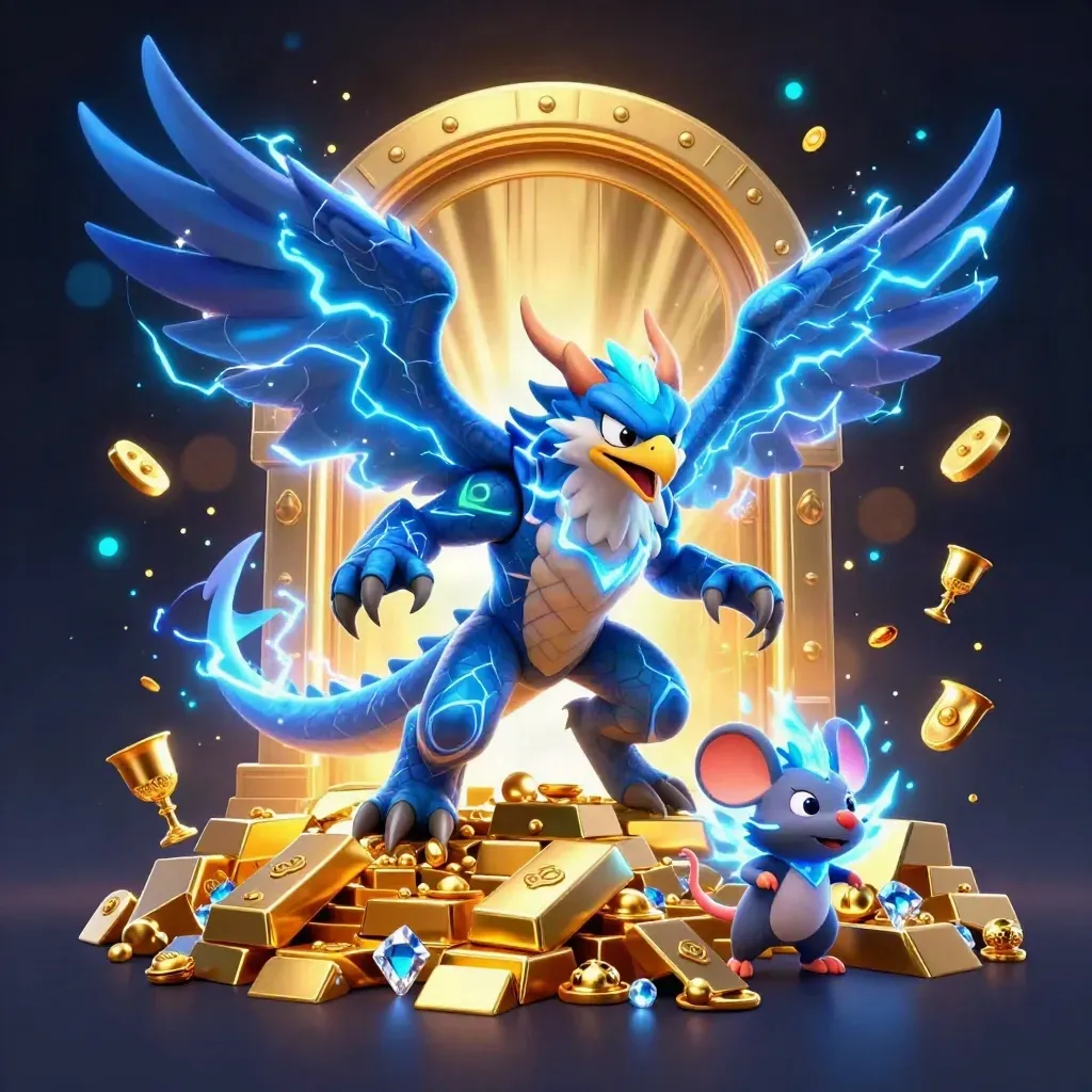 Thunder dragon, wind hawk, and static mouse burst from an open gold vault in neon blue light.