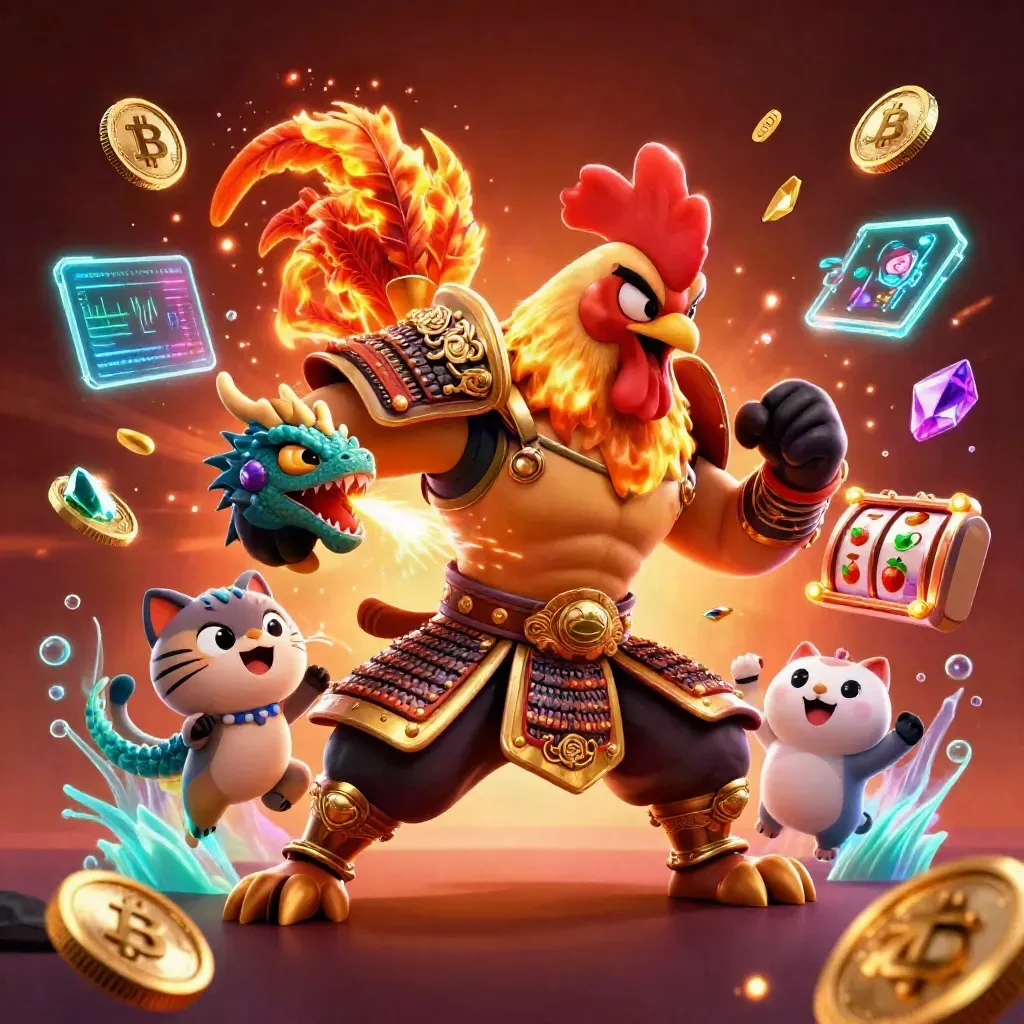 Rooster warrior, dragon hatchling, and fortune-cat amid neon crypto bursts and casino effects