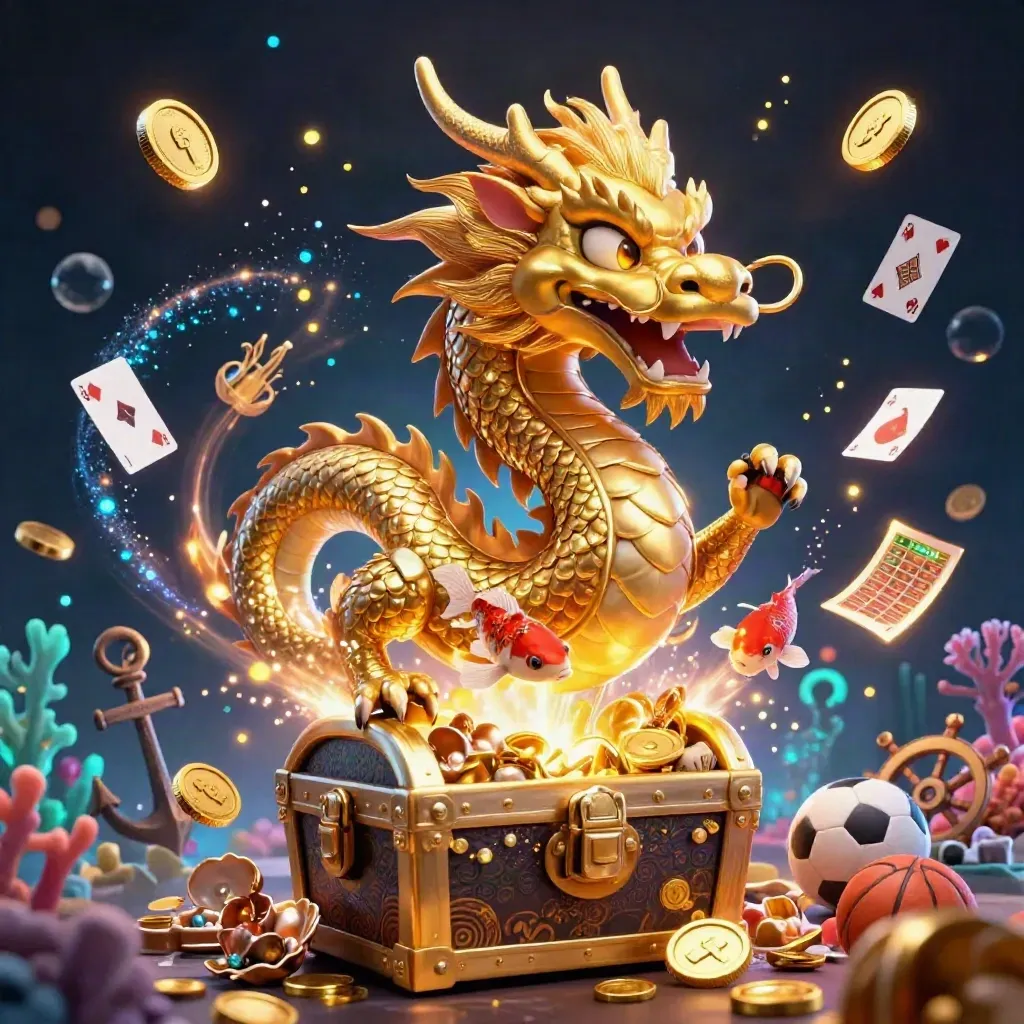 Golden dragon, phoenix, koi and casino treasures erupt in a neon underwater vault.