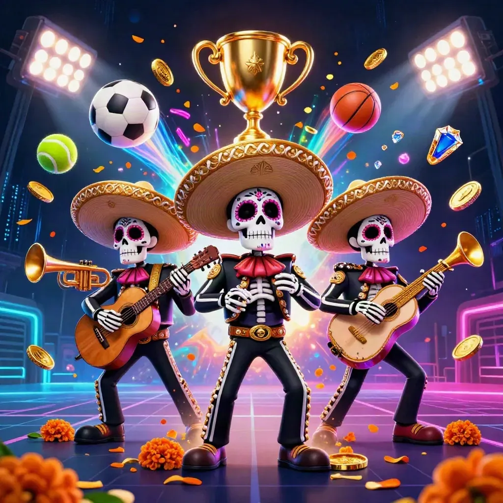 Skeleton mariachi trio amid sports balls, trophy, coins, and neon casino effects on a dark grid.