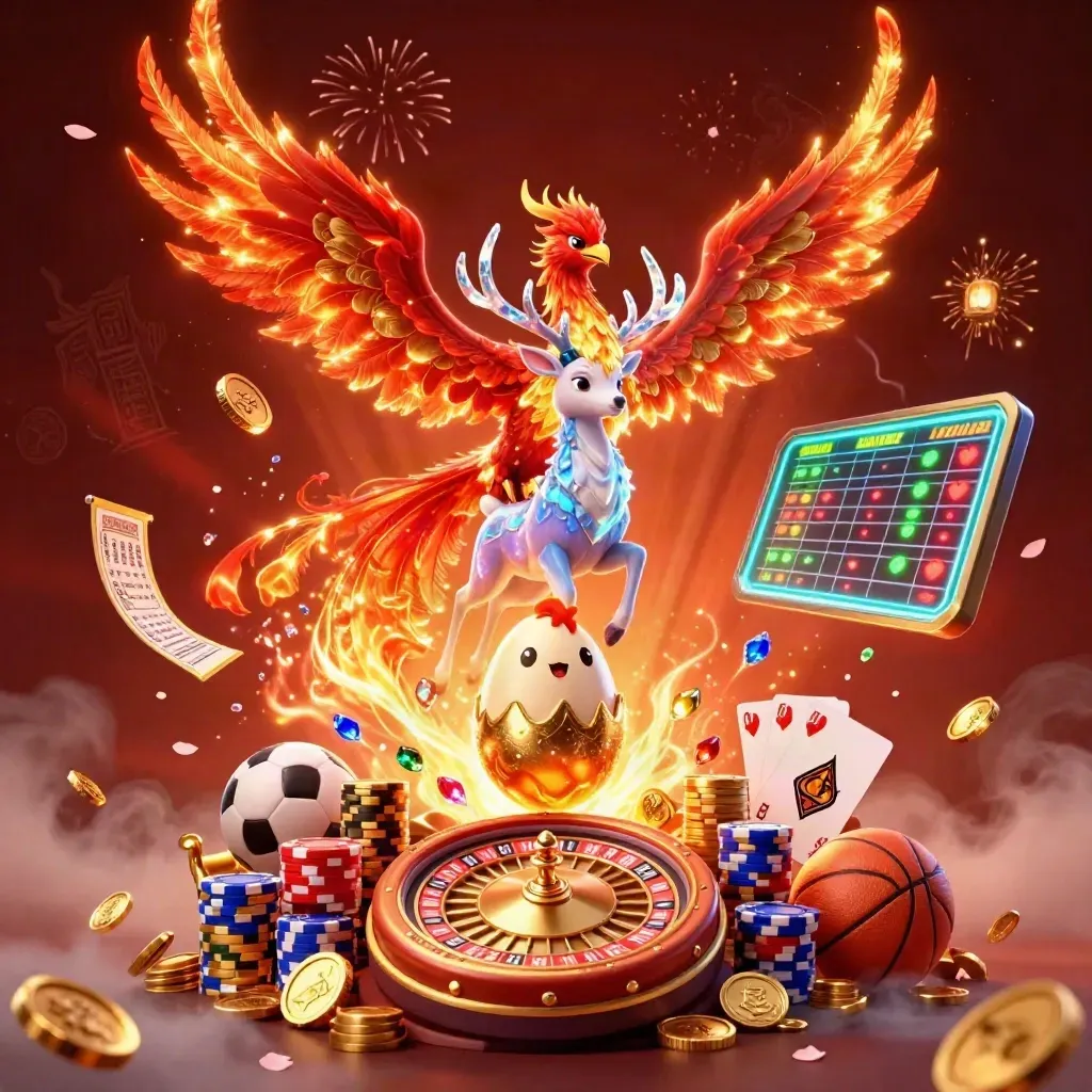 Phoenix, baby phoenix, and crystal stag amid coins, chips, cards, sports balls, and fireworks.
