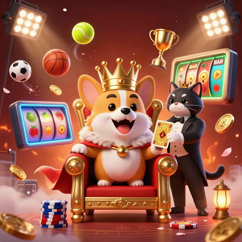Royal corgi and cat butler amid casino chaos, sports balls, coins, and neon slot effects.