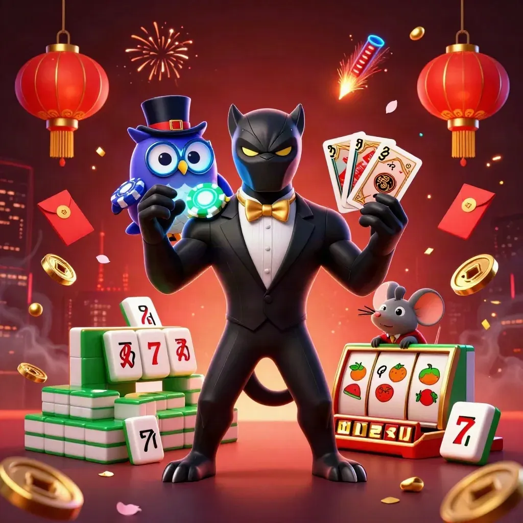 Panther dealer, owl gambler, and mouse with casino symbols in a neon key art scene.