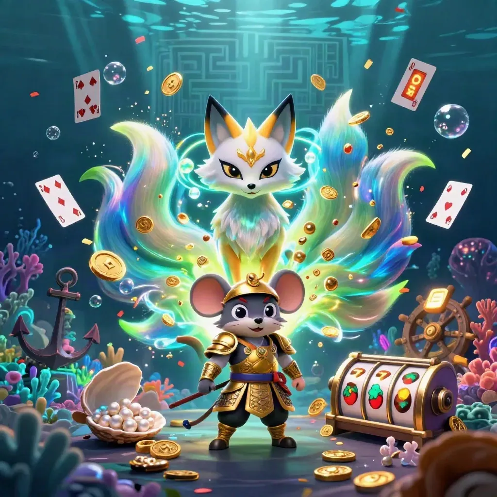 Nine-tailed fox spirit and golden samurai mouse in a neon underwater casino cove