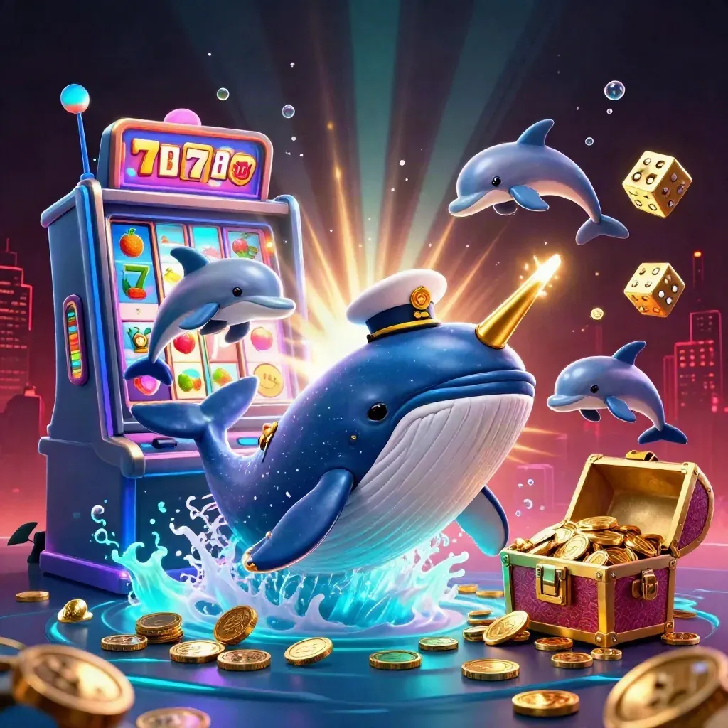 Whale captain, narwhal, and dolphins amid coins, slot reels, jackpot bursts, and neon casino glow.