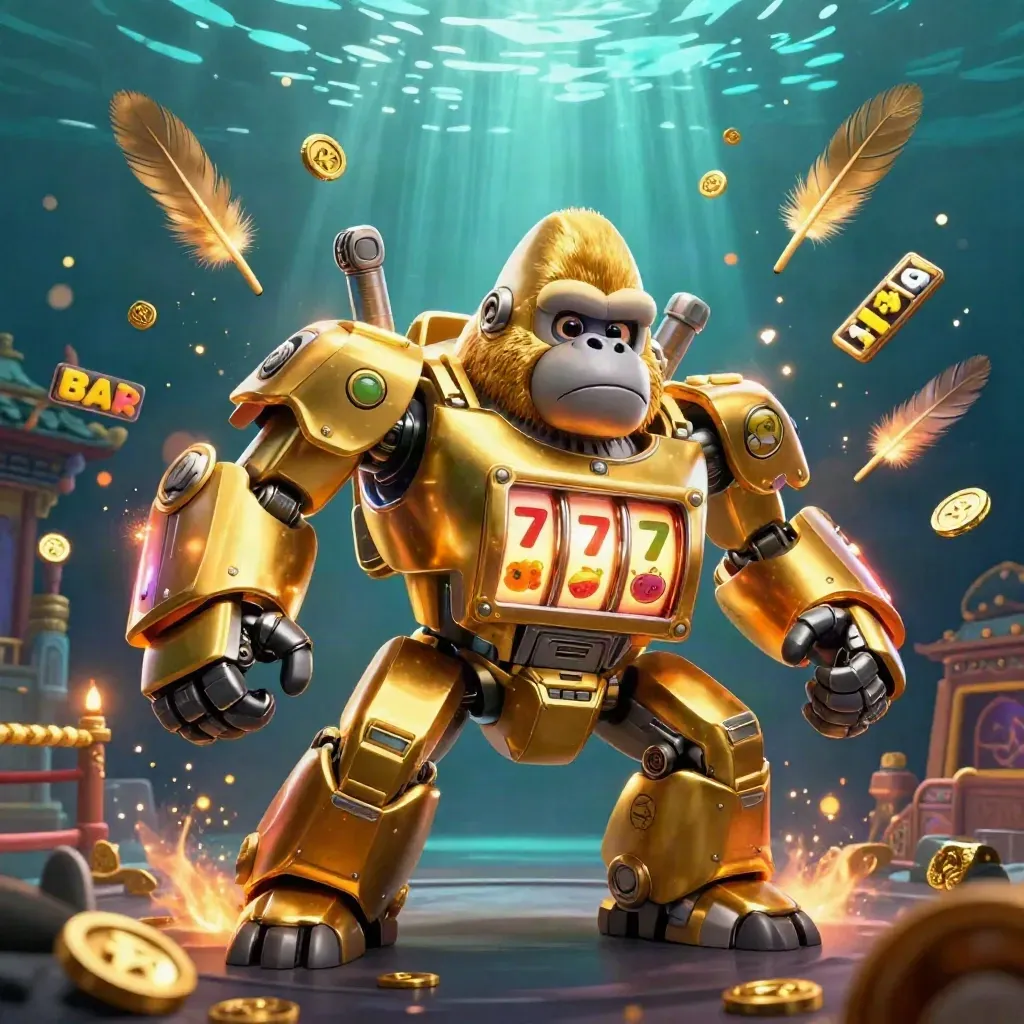 Golden gorilla mech with tiny monkey pilot amid coins, temple gate, and glowing slot reels.