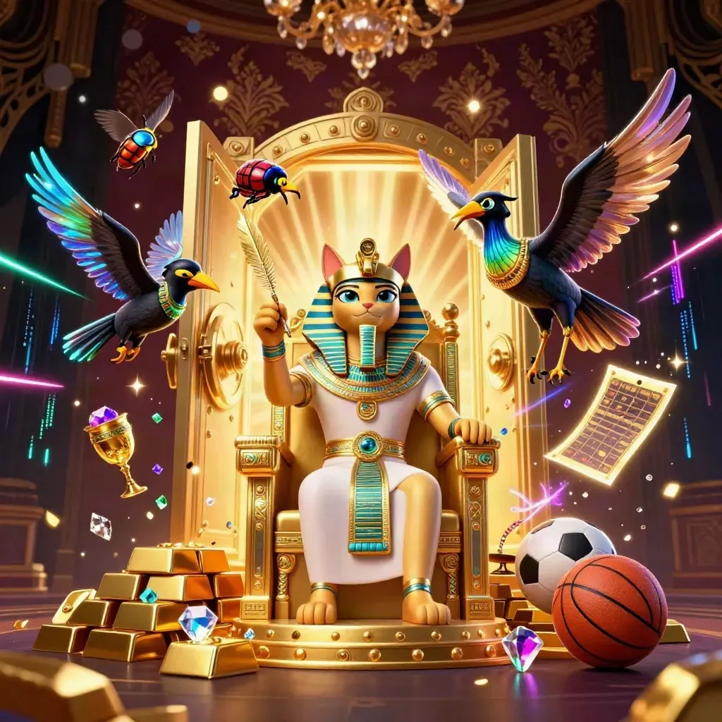 Pharaoh cat throne scene with ibis scribe, scarabs, gold vault, neon casino glow
