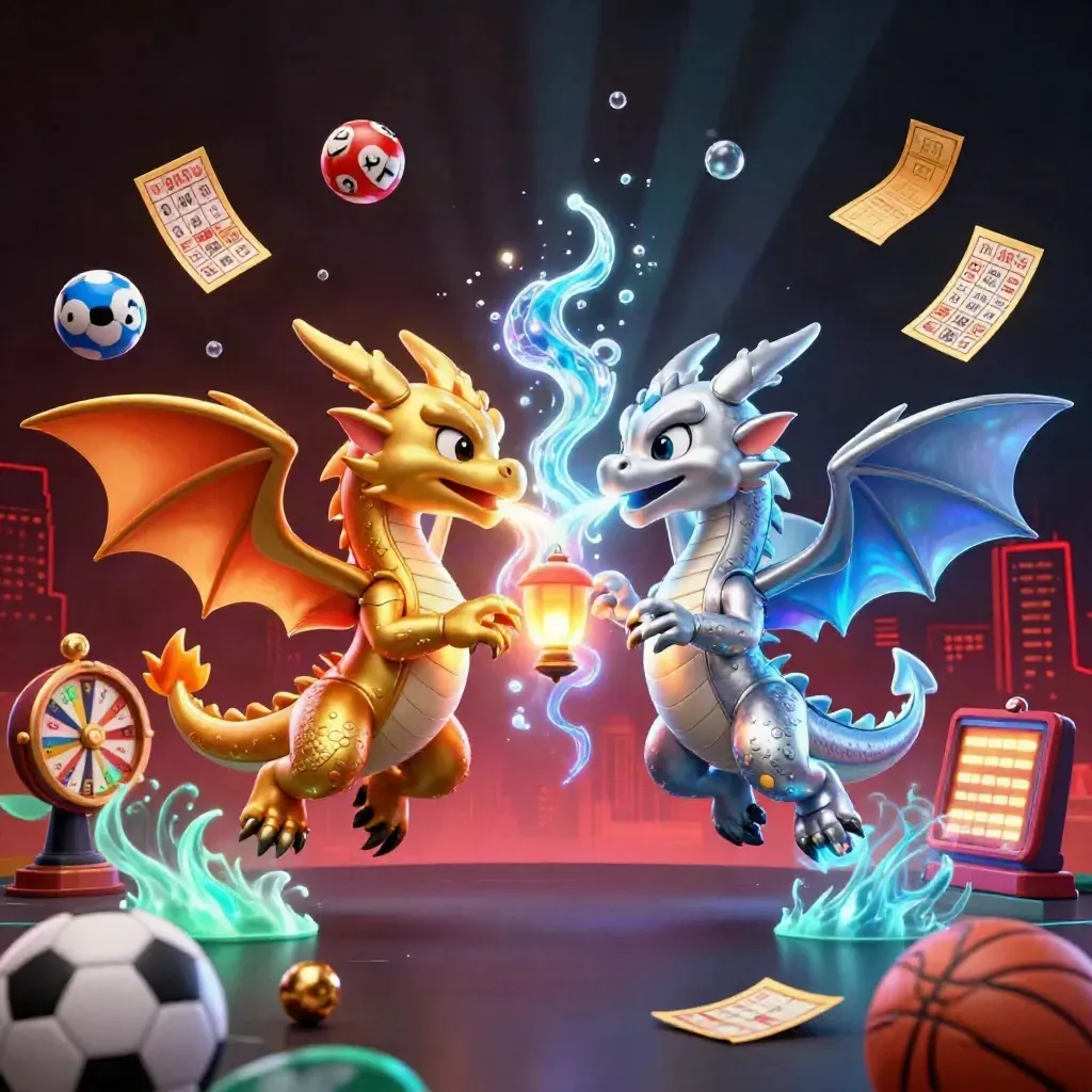 Gold and silver dragons swirl with casino icons in neon blue-green light