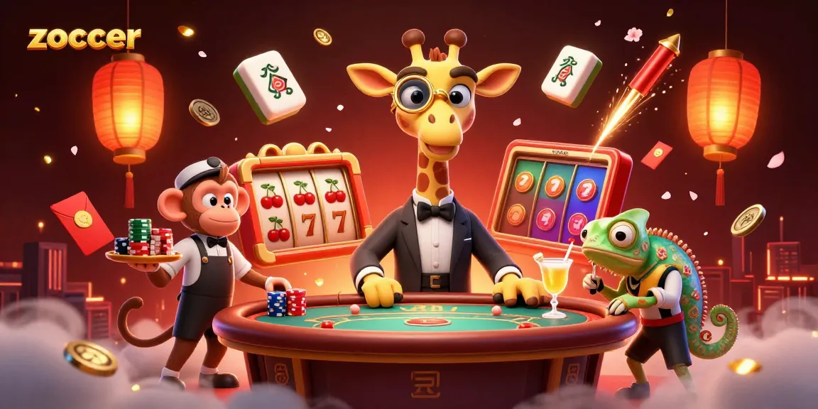 Experience zoccer's thrilling atmosphere with a high-roller giraffe and lively casino elements.