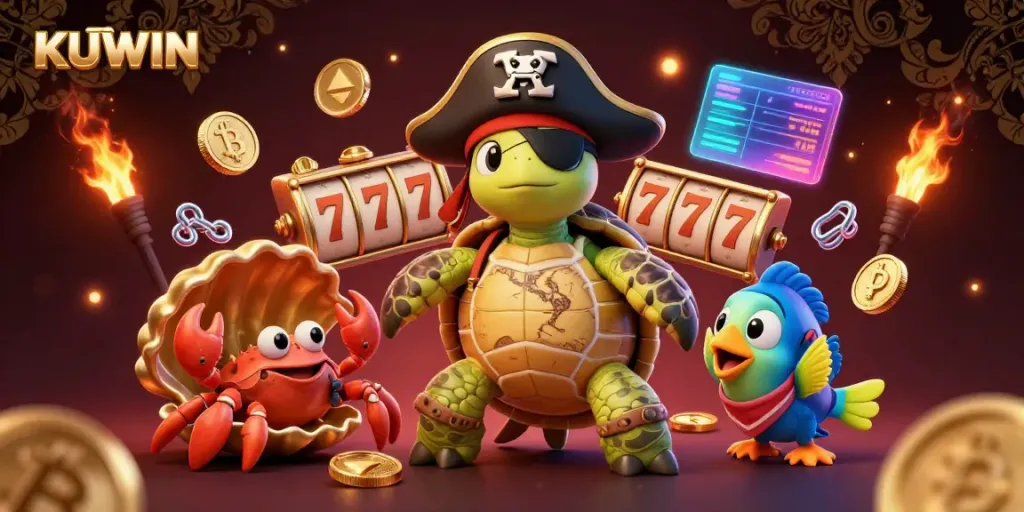 Experience thrilling gameplay at KUWIN as a pirate turtle and friends discover treasures among the slots.