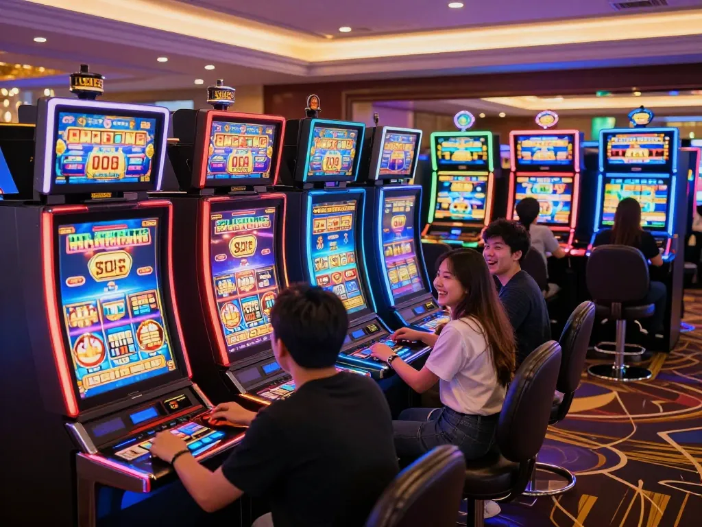Engaged players experiencing excitement of game bài đổi thưởng on colorful slot machines.