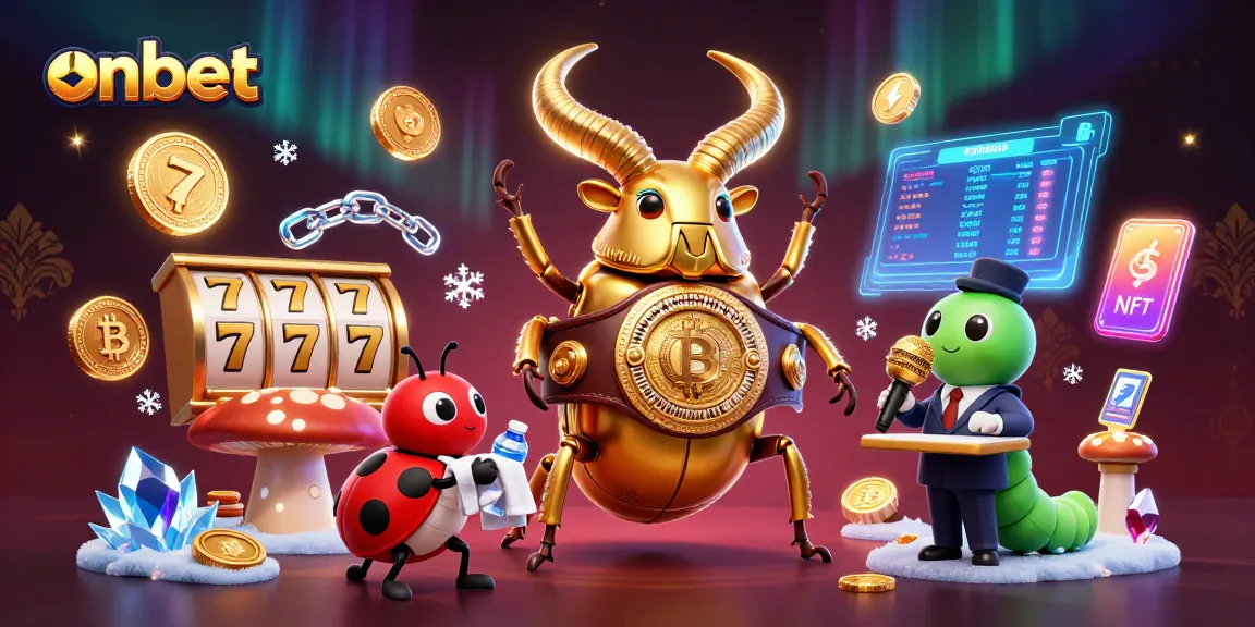 Experience exciting gaming with Onbet's golden stag beetle champion amidst vibrant slot elements.