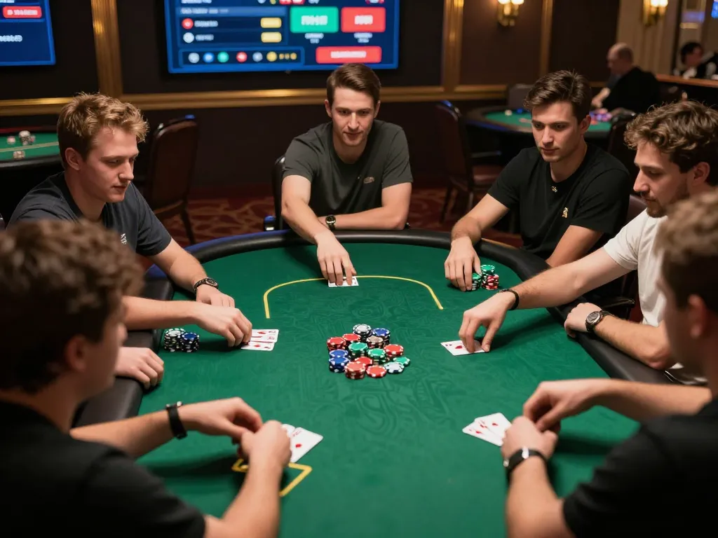 Players thrillingly reveal their hands at mm88bet poker table, capturing online gaming excitement.