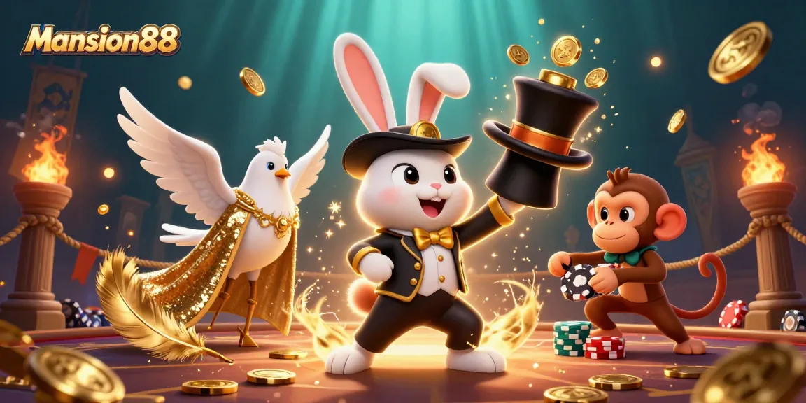 Mansion88 enhances your gaming experience with excitement as a magician rabbit conjures coins in a vibrant casino scene.