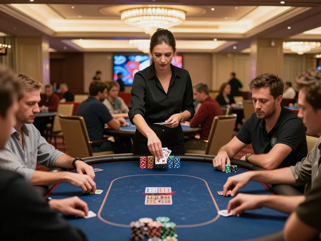 78wind poker players intensely strategizing bets at a vibrant casino table.