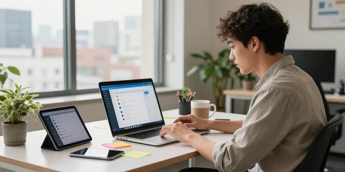 Interactive use of Telegram Web Version in a modern office setup with bright natural light.