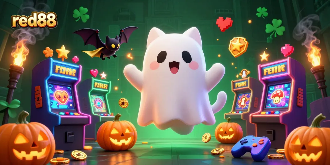 Engage with red88 in this vibrant, animated casino scene featuring a ghost cat and gaming elements.