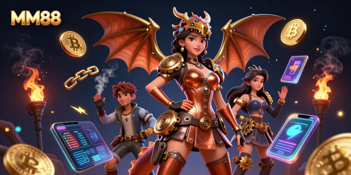 Engage in thrilling gaming action with MM88, featuring steampunk-inspired characters and vivid casino elements.