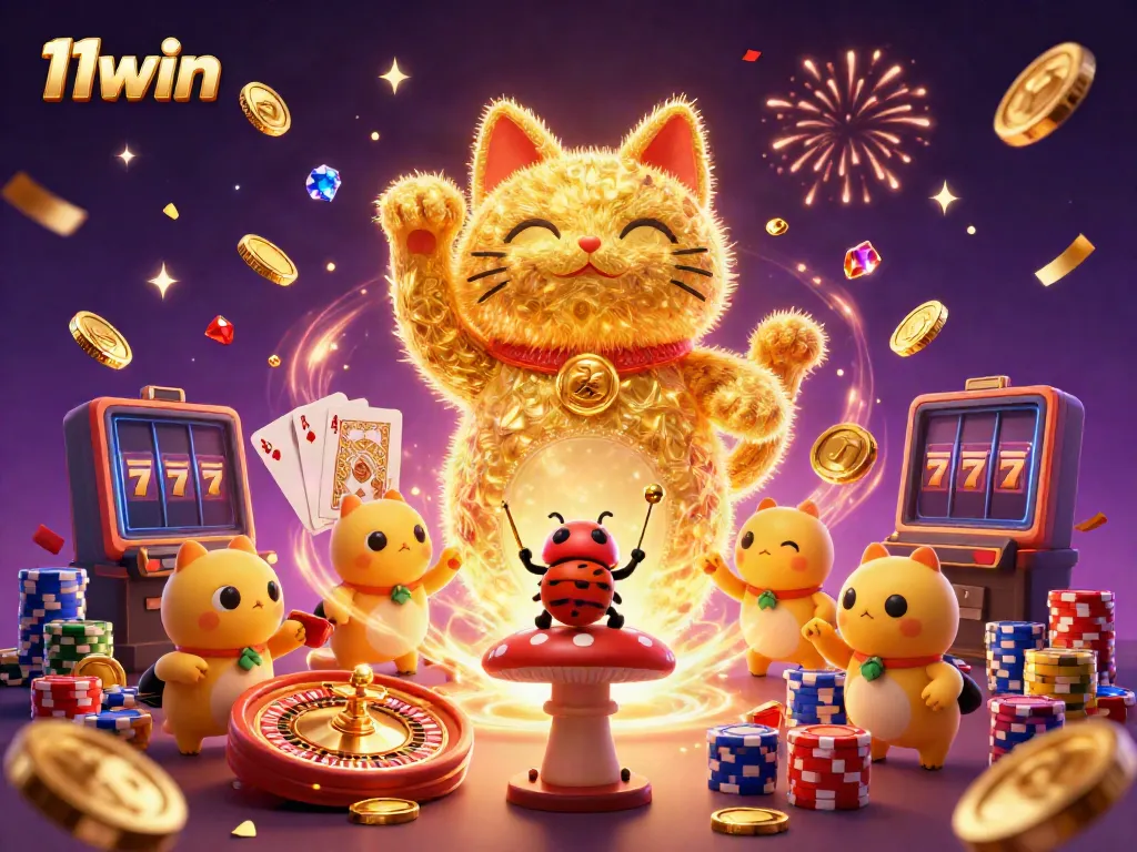 Experience the excitement of 11win with a dynamic lucky cat and casino elements in a vibrant illustration.