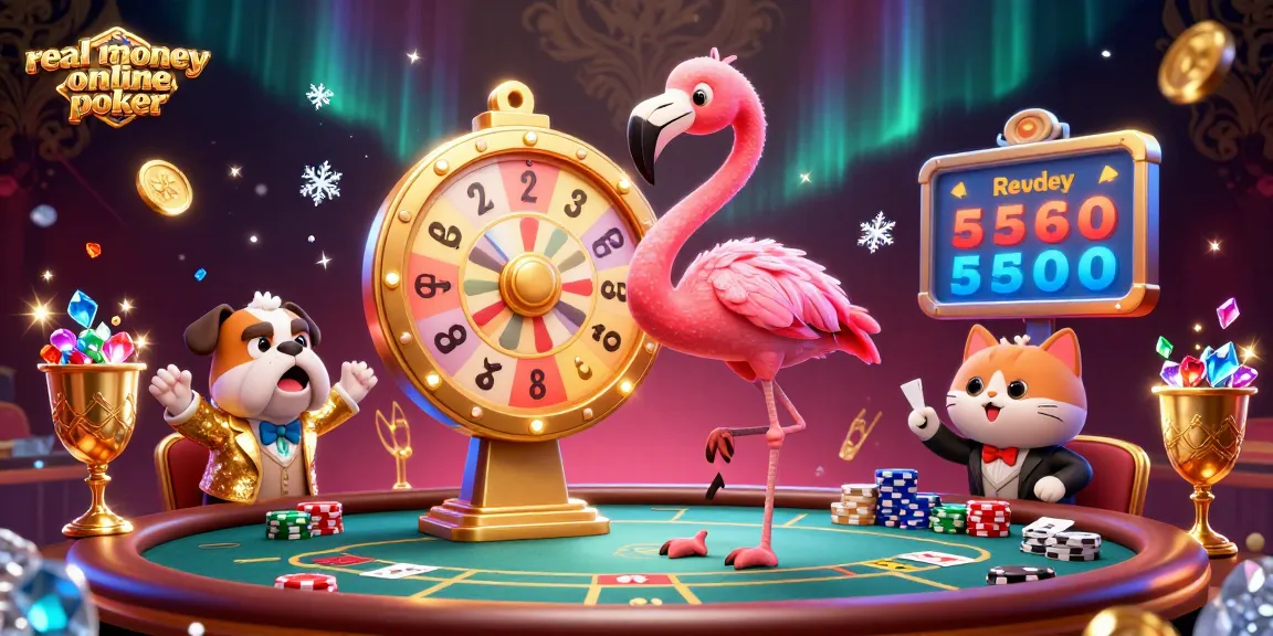 Engage in real money online poker excitement with a colorful game show-themed illustration featuring vibrant characters and casino elements.