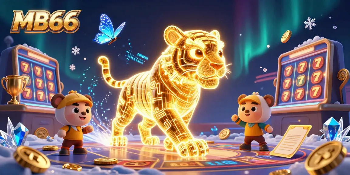 Experience thrilling games at MB66 with a vibrant golden tiger in a digital casino setting.