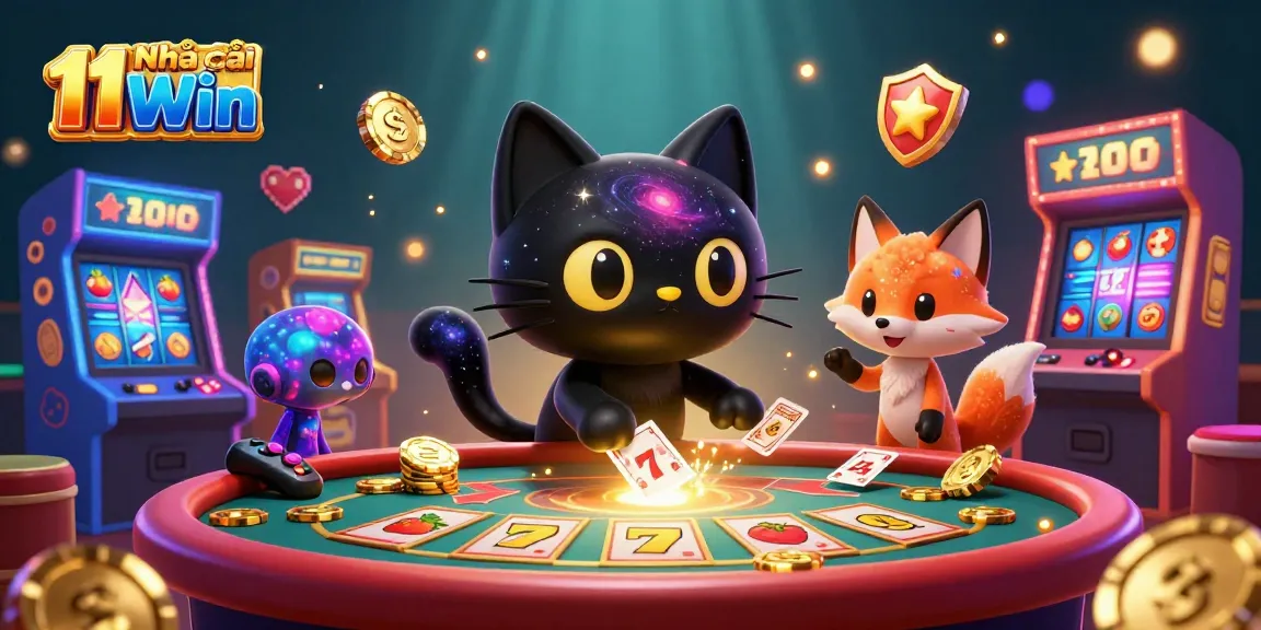 This vibrant 3D scene showcases Nhà cái 11Win's cosmic casino with unique animated characters and slot game elements.