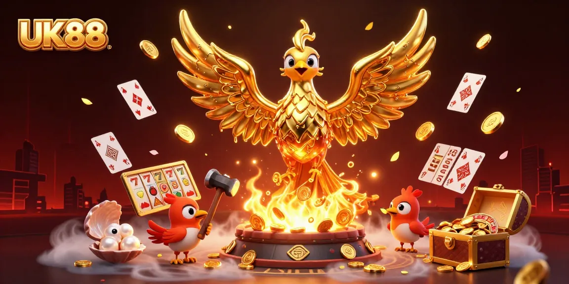 Experience thrilling casino action with UK88 in this vibrant 3D illustration showcasing dynamic gaming elements.