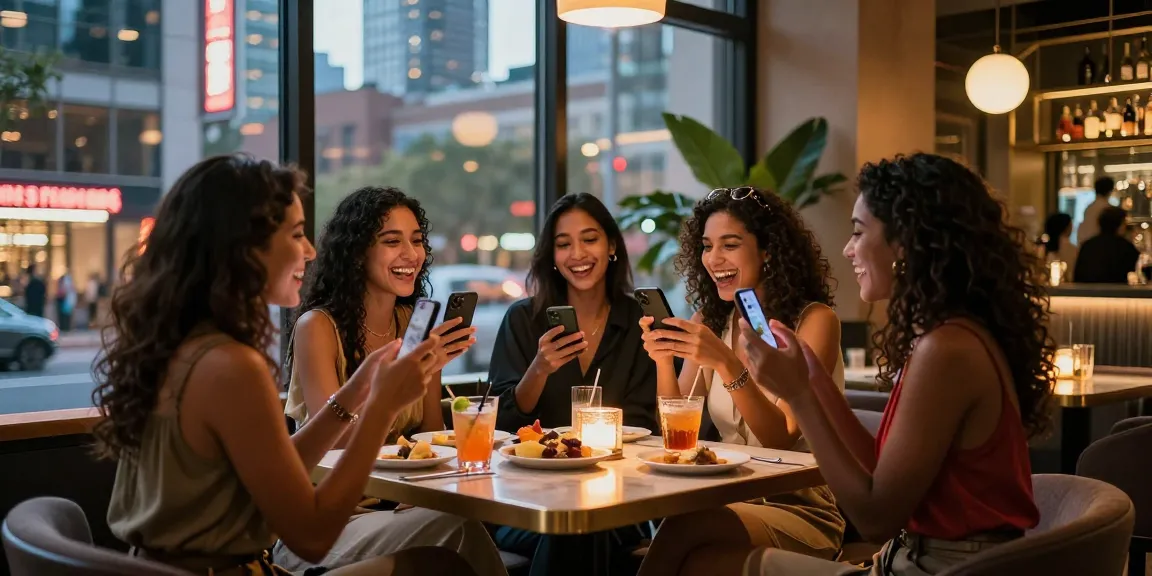 Khung cảnh gái gọi vui vẻ bên bàn cocktail, ánh đèn ấm áp.