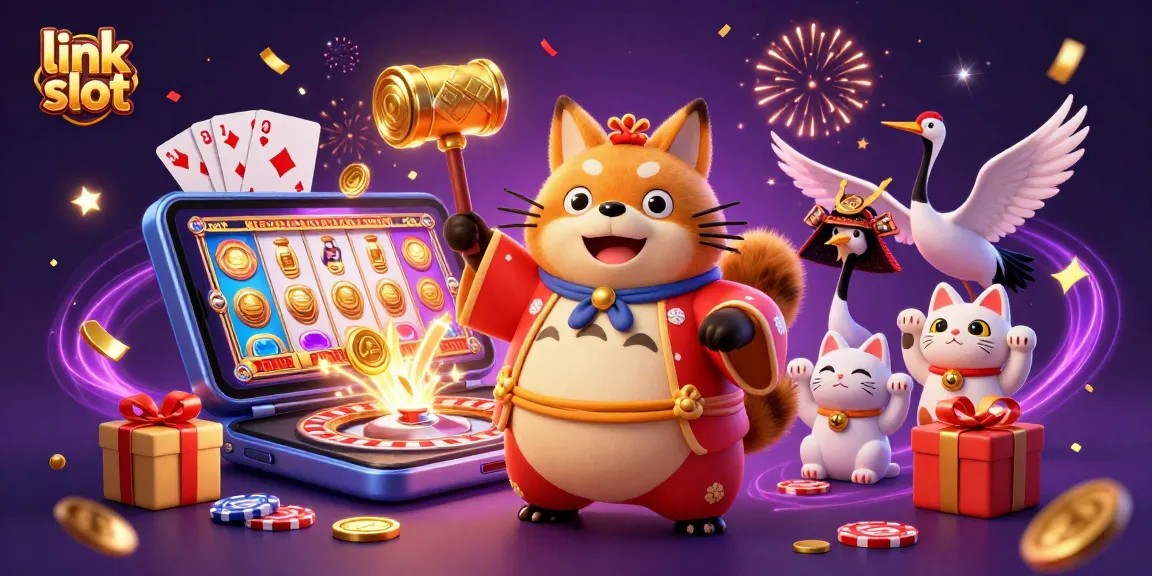 Mainkan link slot dengan karakter kartun tanuki dan elemen kasino yang meriah.