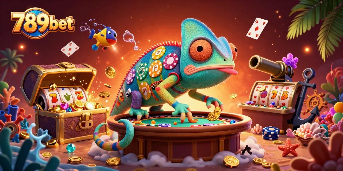 Experience the thrill of 789bet with a vibrant 3D casino scene featuring a colorful chameleon and treasures.