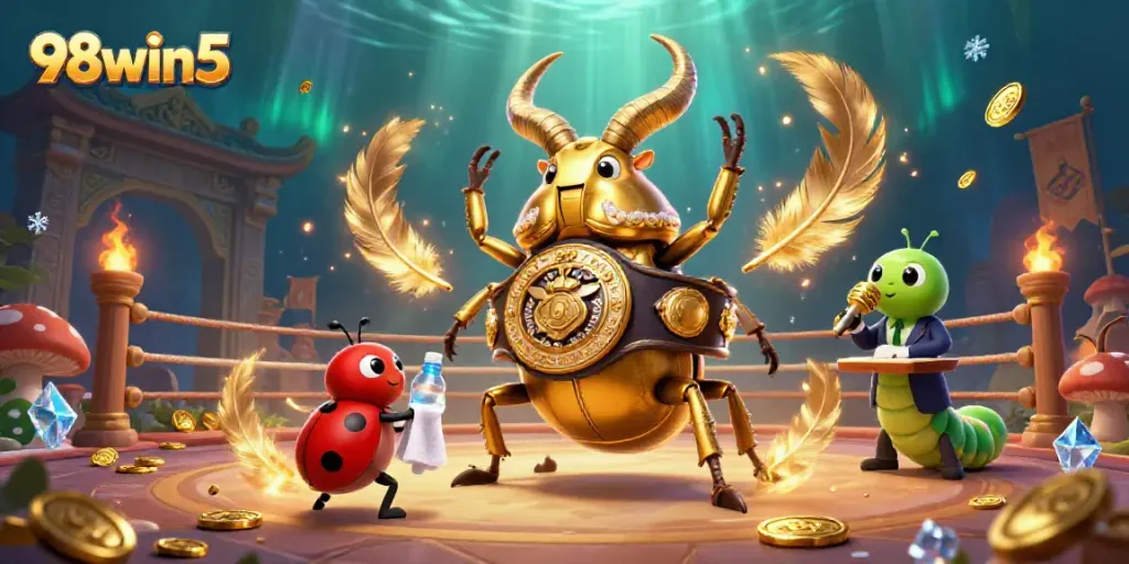 Bet big on 98win5 with a dynamic boxing match between a giant beetle and ladybug corner-man.
