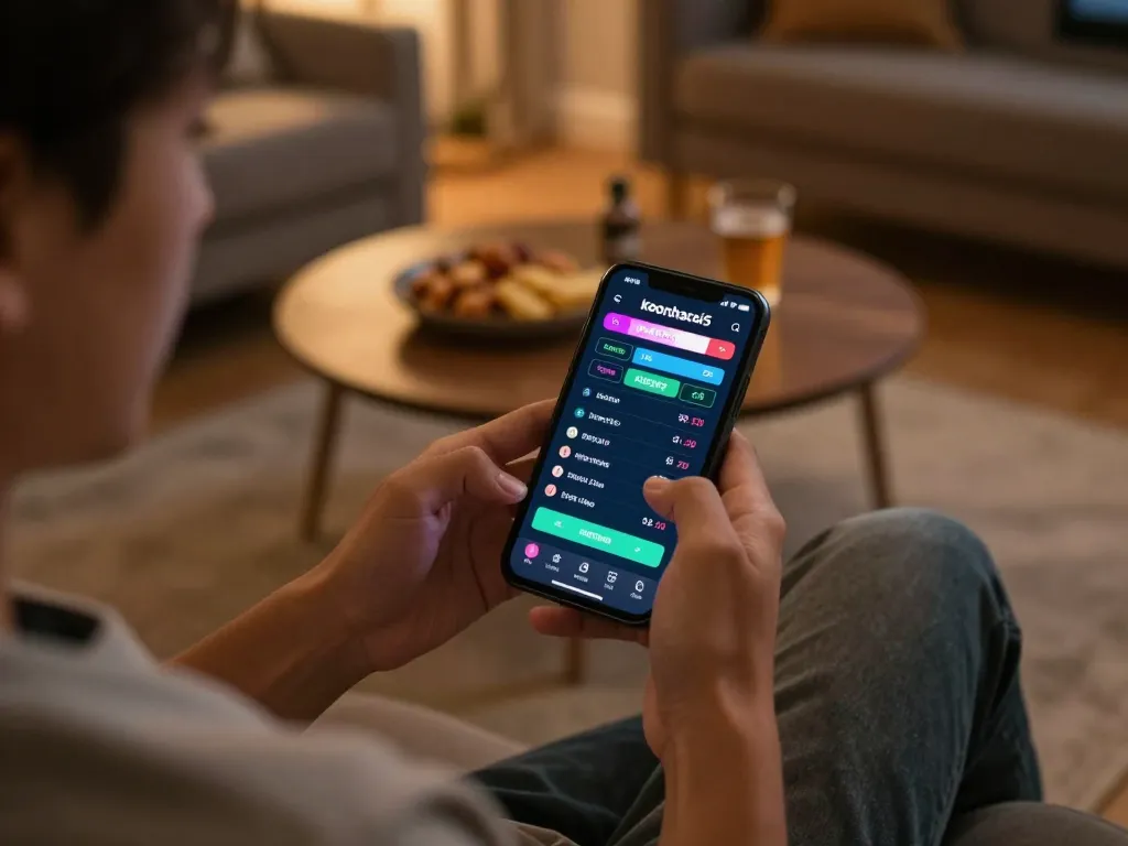 Engaging betting action on keonhacai5 app in a cozy home setting during evening.