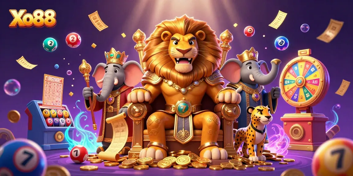 Xo88 offers an exciting scene with a lion king and vibrant lottery elements making it an engaging casino experience.