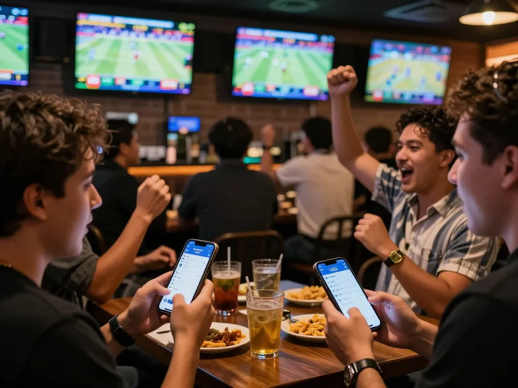 Engaging scene of patrons using keonhacai tv app for live betting in a lively sports bar