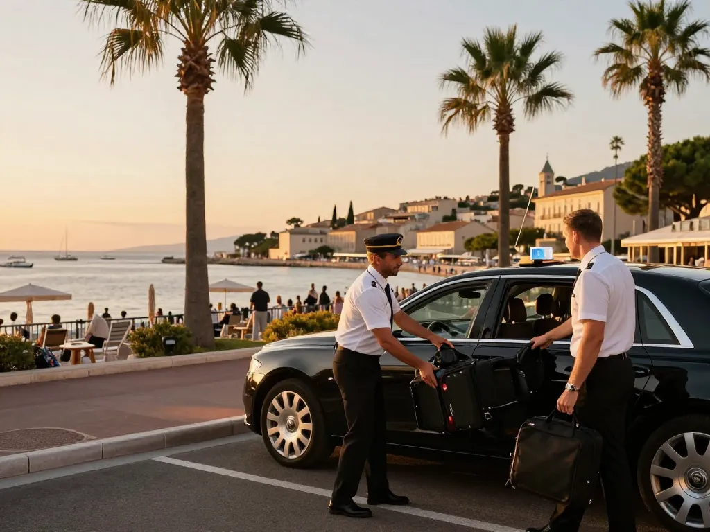Service de Taxi Saint-Tropez au coucher du soleil, véhicule de luxe avec chauffeur professionnel offrant un transport premium aux passagers.
