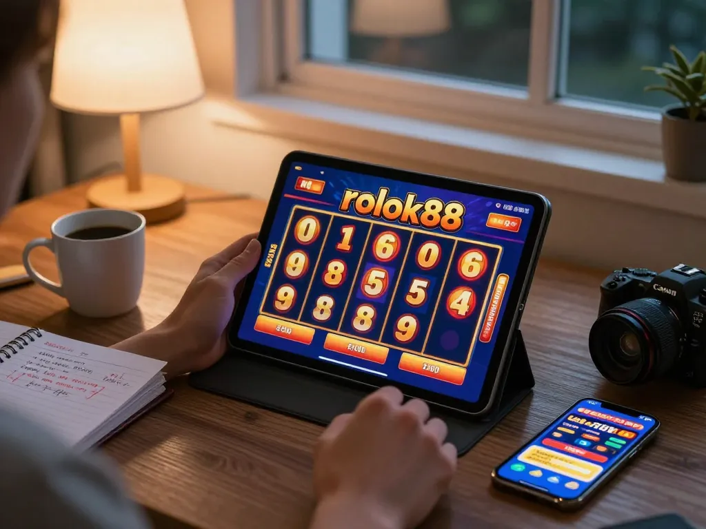 Pemain yang terlibat menikmati permainan slot rokok88 di tablet di lingkungan rumah yang nyaman, menunjukkan gameplay yang berwarna-warni.